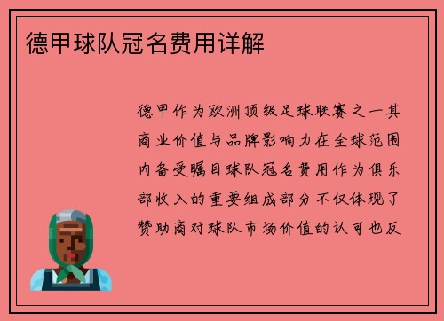 德甲球队冠名费用详解
